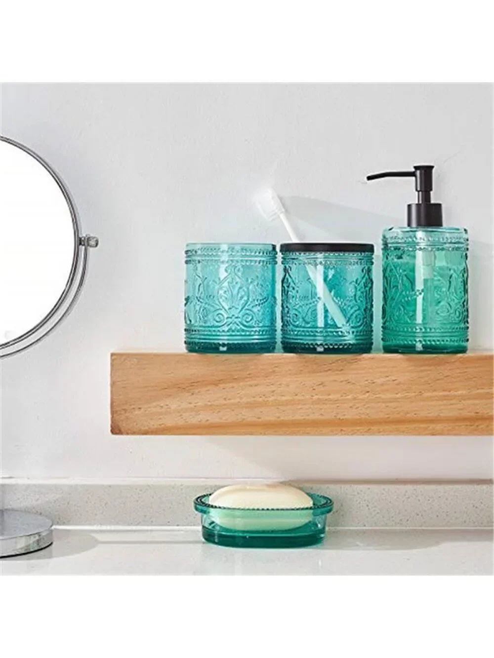 4PCs Teal Blue Glass Bathroom Accessories Set with Decorative Pressed Pattern